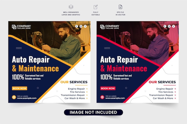 Vector automobile business management and repair service template for social media marketing car maintenance service social media post design with yellow and red colors vehicle repair business promotion