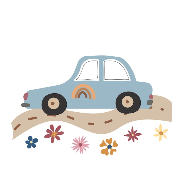 Vector automobile car on the road in cartoon style children's car illustration in a flat style