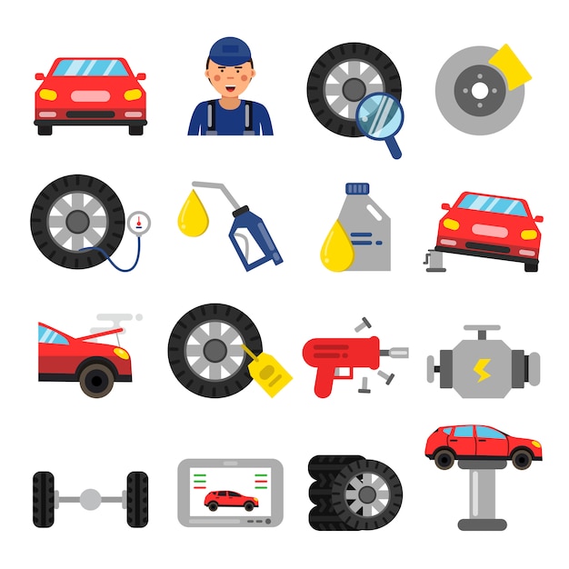 Automobile parts. Wheels and tires service of cars. Vector pictures in flat style