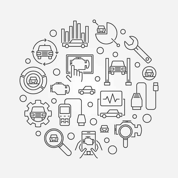 Automotive Diagnostics vector round concept illustration or banner in thin line style