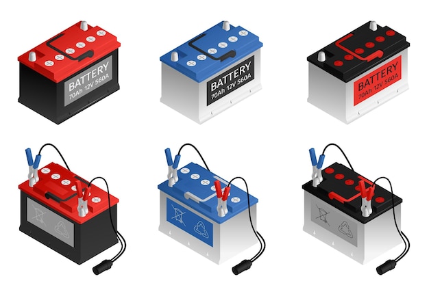 Automotive rechargeable car battery 6 isometric red blue black color set white background isolated illustration