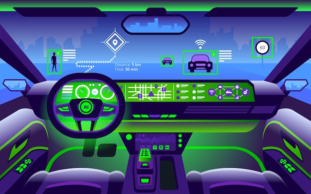 Autonomous smart car interior illustration