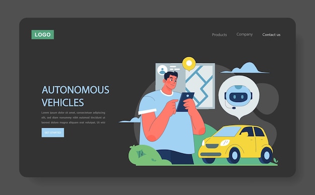 Vector autonomous vehicles concept man using tablet to interact with selfdriving car integration of ai in