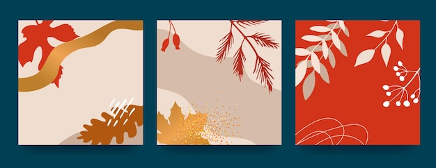 Autumn abstract poster in modern hipster style Autumn leaves berries spots Trendy modern art with autumn elements Sale template Vector