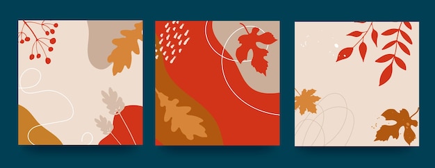 Autumn abstract poster in modern hipster style Autumn leaves berries spots Trendy modern art with autumn elements Vector