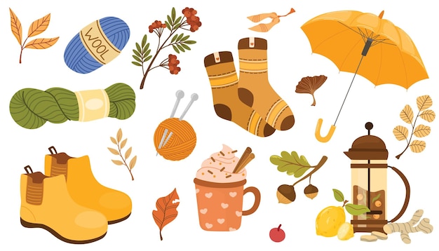 Vector autumn accessories hand drawn vector illustration traditional fall season attributes and typography