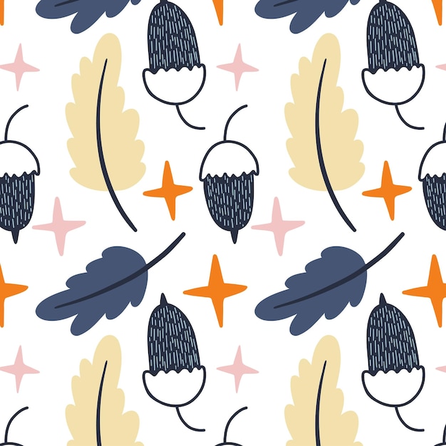 Autumn acorn, leaves and stars scandinavian style seamless pattern. Vector illustration