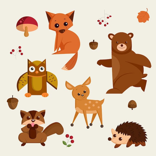 Autumn animal Cartoon isolated vector icons set