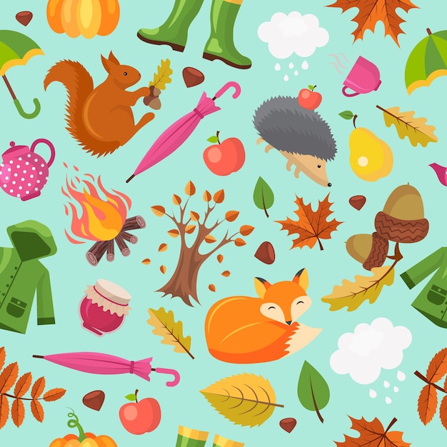 Autumn animals pattern. Forest fall cute fox hedgehog and orange squirrel in yellow leaves  autumn seamless background.