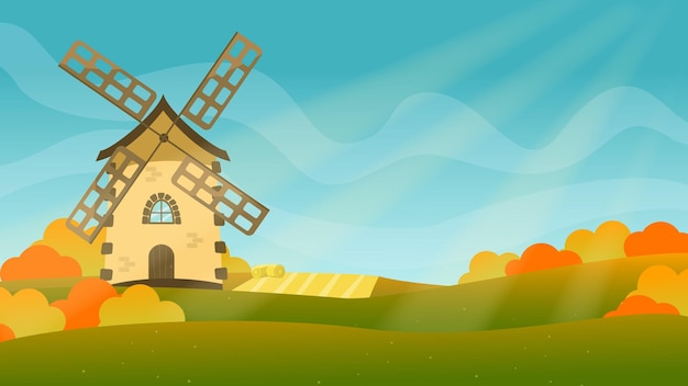 Autumn autumn landscape landscape daytime illustration sunshine autumn sky houses mill