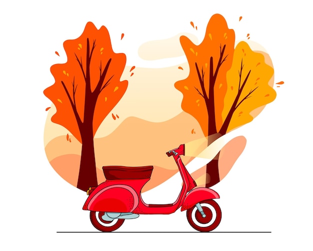 Autumn background. Autumn park trees, red scooter. Cartoon style. Vector illustration for design and decoration.