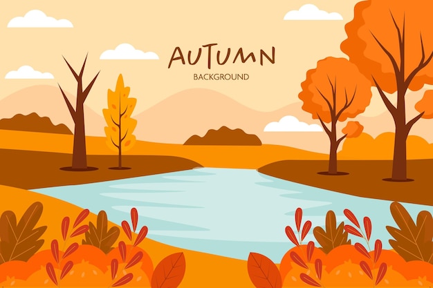 autumn background illustration vector design in flat style with lake