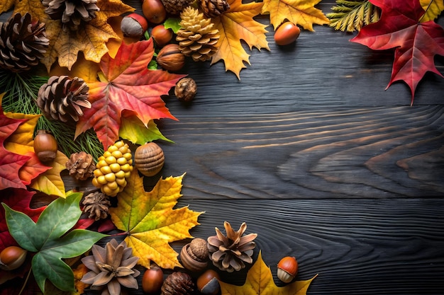 Vector autumn background maple leaves apples rose hips nuts chestnuts dried oranges on a wooden table