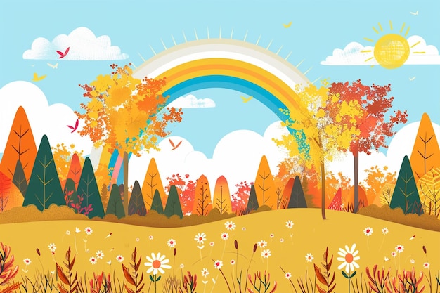 Autumn Background Rainbow Sun Vector PNG