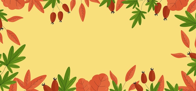 Autumn background for text with leaves nuts acorns berries seasonal elements Square frame template Vector illustration with botanical elements