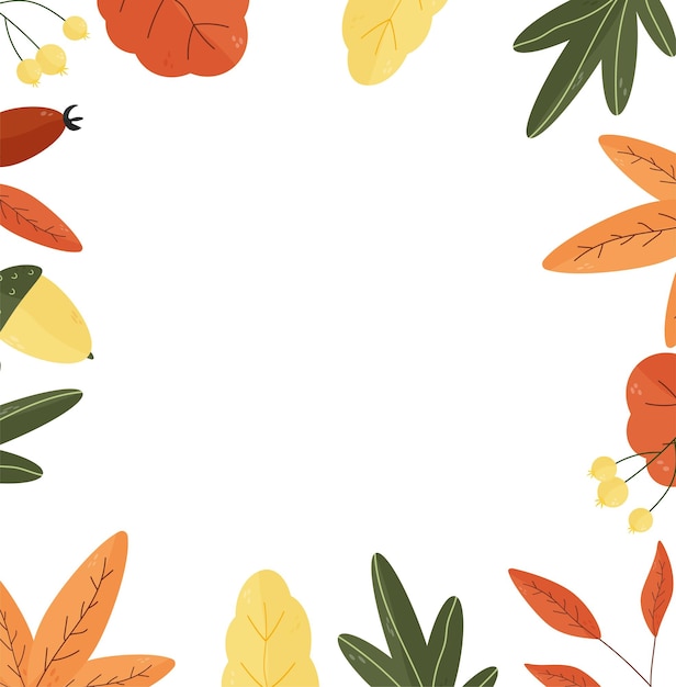 Autumn background for text with leaves nuts acorns berries seasonal elements Square frame template Vector illustration with botanical elements