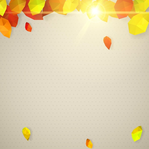 Autumn background with dots leaves in lowpoly triangular style and sun