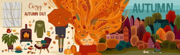 Autumn banner with peopel and nature Hand drawn graphic arts and textures Vector design