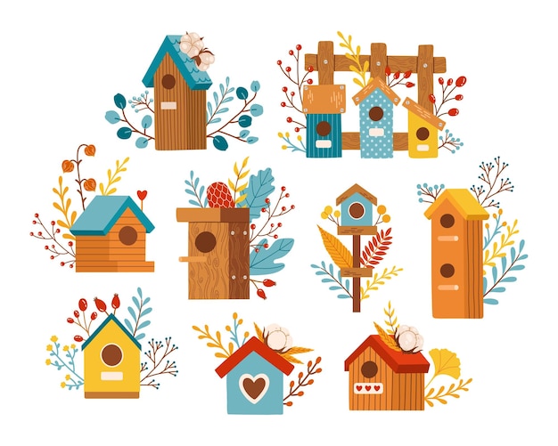 Vector autumn birdhouse fall season set vector illustration elements