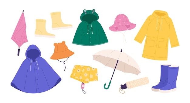 Autumn boots and accessories Raincoat umbrella and hat Colorful rainy season clothers Adults and childs raincoats racy cartoon vector graphic