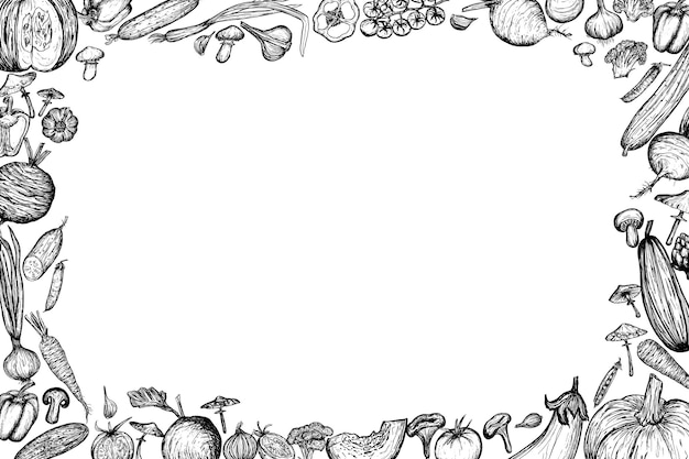 Autumn border of vegetables Vector illustration Hand drawn harvest frame on white background