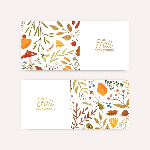 Vector autumn botanical banners flat vector templates. leaves and branches composition