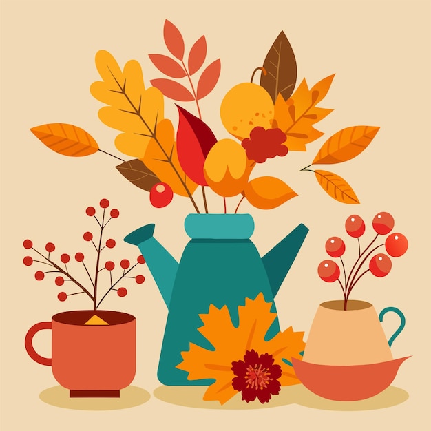 Vector autumn bouquets with flowers plant leaves design vector illustration