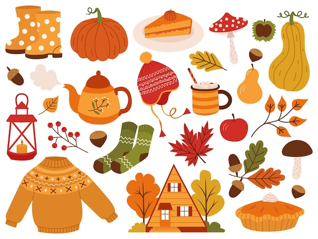 Autumn bundle of cute and cozy design elements. Vector illustration isolated on white background.