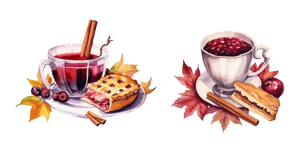 Autumn cake with tea clipart isolated vector illustration