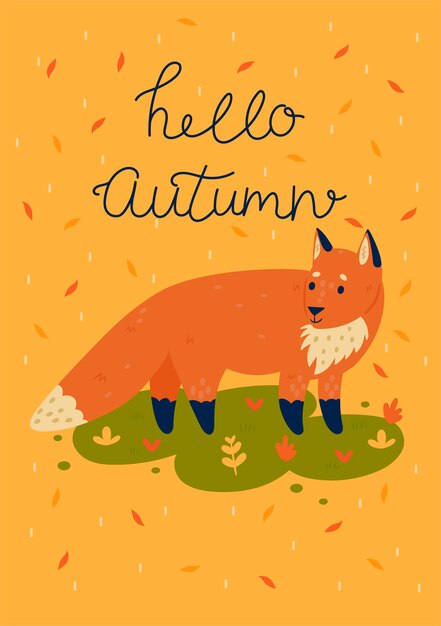 Vector autumn card with a fox and the inscription hello autumn. vector graphics.