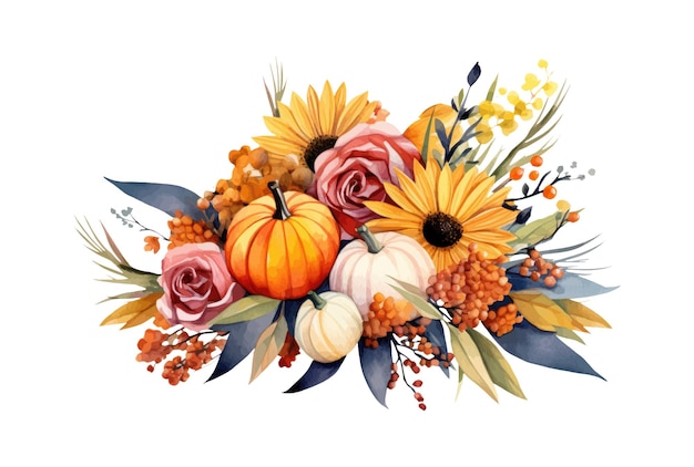 Autumn card with orange pumpkins and yellow flowers Vector illustration