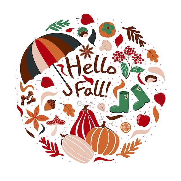 Autumn card with traditional things and hello autumn lettering