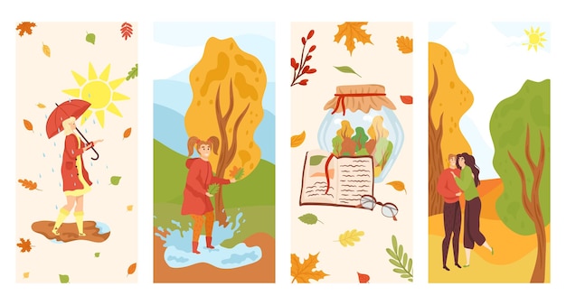 Autumn cards set autumnal leaves and trees with loving cople vector illustration Vintage cards with girl under umbrella fall season