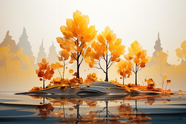 autumn cartoon scene gift card illustration with a tree next to a lake