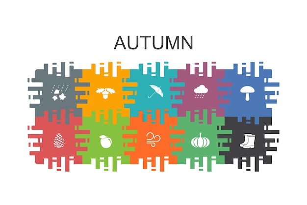 Autumn cartoon template with flat elements. Contains such icons as oak nut, rain, wind, pumpkin