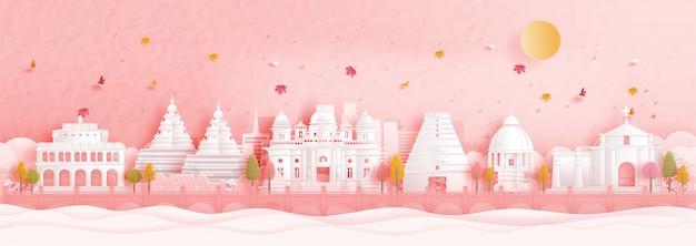 Autumn in Chennai, India with falling leaves and world famous landmarks in paper cut style illustration