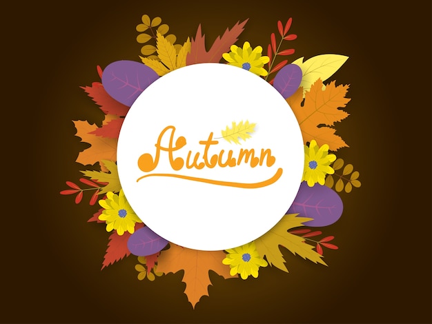 Autumn circle Banner with hand writing text and leaf.