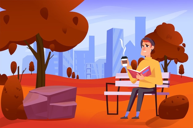 Autumn city park background in flat cartoon design wallpaper with cityscape of man drinks coffee