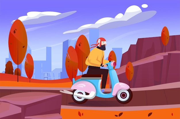 Autumn city park background in flat cartoon design wallpaper with cityscape of man in helmet rides