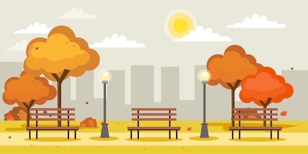 Autumn city park flat illustration. Fall street outdoor panoramic view. Colorful cityscape horizonta