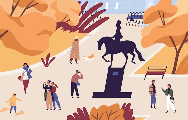 Autumn city park with people walking and taking photos. Urban garden with monument. Men, women and children spend time at public place. Flat vector cartoon illustration.