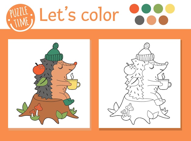 Autumn coloring page for children. Cute funny hedgehog with cup of tea sitting on the tree stump. Vector fall season outline illustration. Forest animal color book for kids with colored example