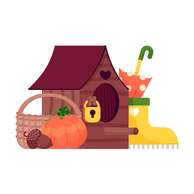 Autumn composition Cute bird house umbrella rubber boots and acorn