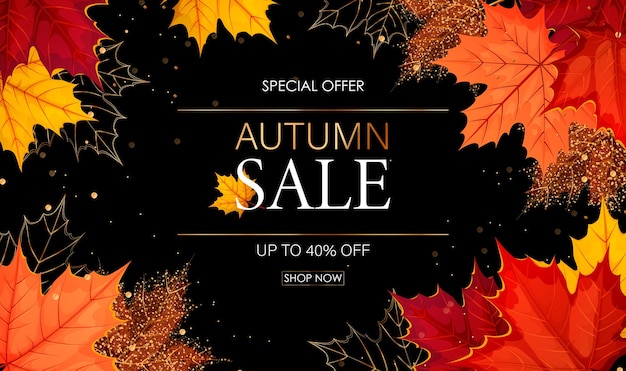 Autumn composition Golden yellow red and orange maple leaves on black background Special offer sale shop now Vector illustration