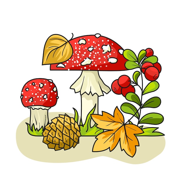 Autumn composition with fly agarics and berries.