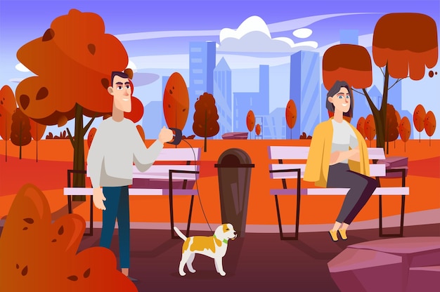 Autumn concept with people scene in the flat cartoon style man with a dog wants to meet a girl