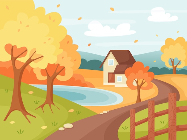 Autumn countryside landscape with houses trees lake and fence Cute vector illustration