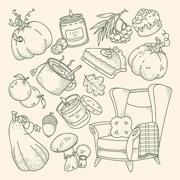 Autumn cozy doodle set. Engraving nature hand drawn vector elements.