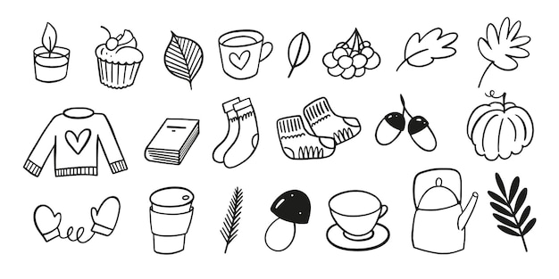 Autumn cozy home doodle elements set Modern sketch vector illustration