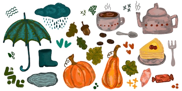 Autumn cozy home set of many items Vector texture elements